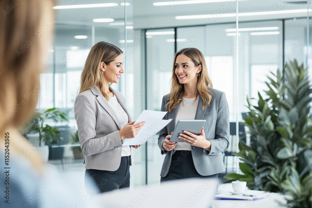 Two businesswomen discussing documents in a modern office environment.