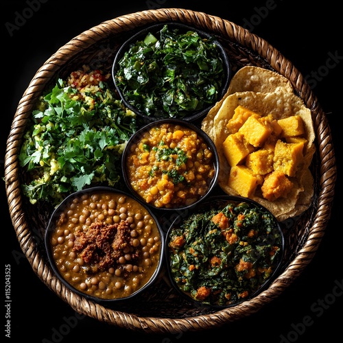 Ethiopian Vegan Platter with Injera, Lentil Misir Wot, Chickpea Shiro, and Sautéed Greens photo