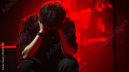 Emotional Man Crying on Stage Under Dark Red Light, High-Resolution Photography