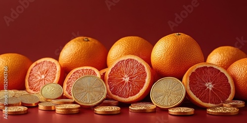 Vibrant citrus fruit display with gold coins artful arrangement gourmet food warm environment close-up view rich contrast photo