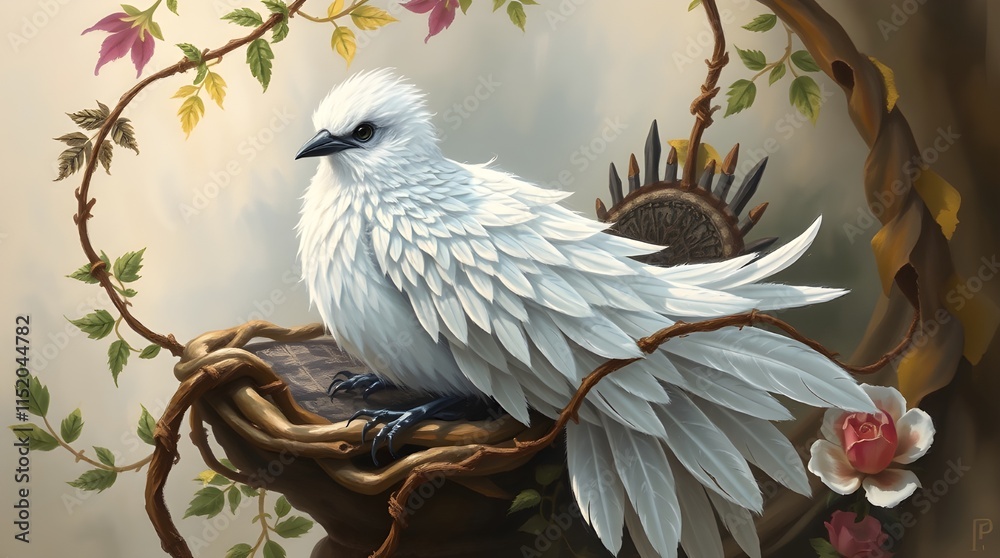 Fototapeta premium Majestic White Bird Perched Among Beautiful Flora, Ai generated images 