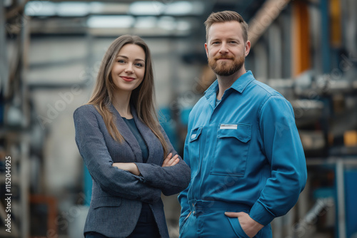 A woman sales representative and a man worker stand and smile in front of a modern industrial plant, the background is blurred. Production concept.