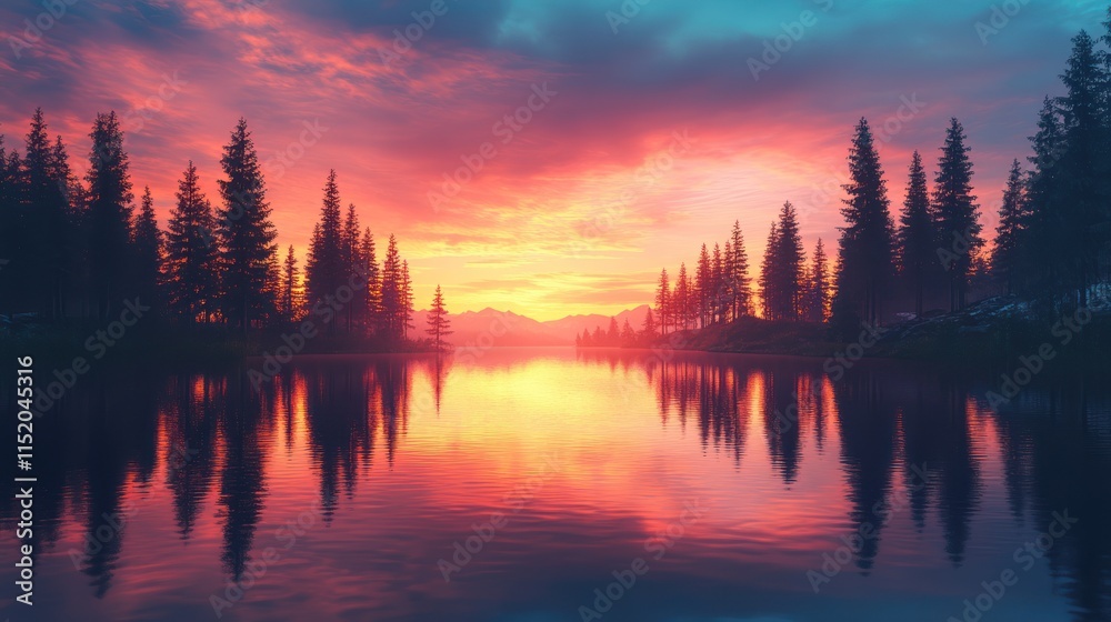 Fototapeta premium Vibrant sunset over calm lake, reflecting trees.