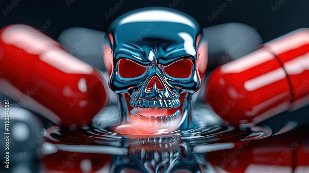 Fototapeta premium Skull-shaped smoke emerging from a pill dissolving in water, warning of severe side effects, illustrating symptoms caused by a pill.