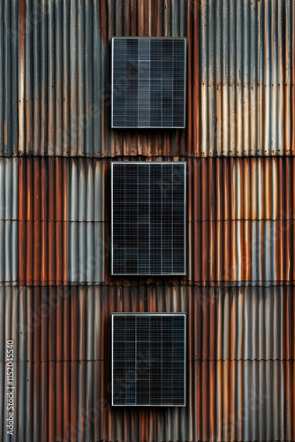 Wallpaper Mural This image showcases three solar panels mounted against a backdrop of aged, rusted corrugated metal. Torontodigital.ca