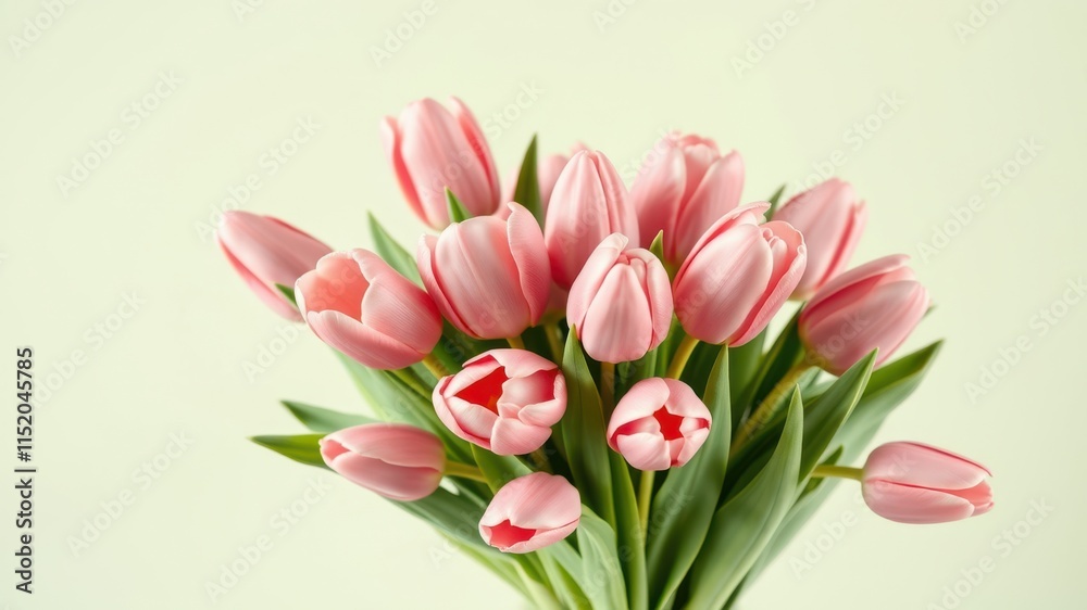 A delicate bouquet of soft pink tulips with lush green foliage, capturing the essence of springtime beauty and grace. A delicate bouquet of soft pink tulips with lush green foliage, capturing the essence of springtime beauty and grace.