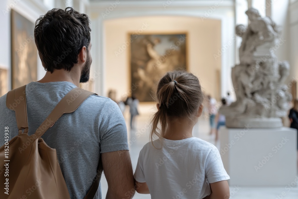 A parent and child observe artwork in an art gallery, depicting a moment of shared experience and learning within a beautiful environment filled with sculptures.