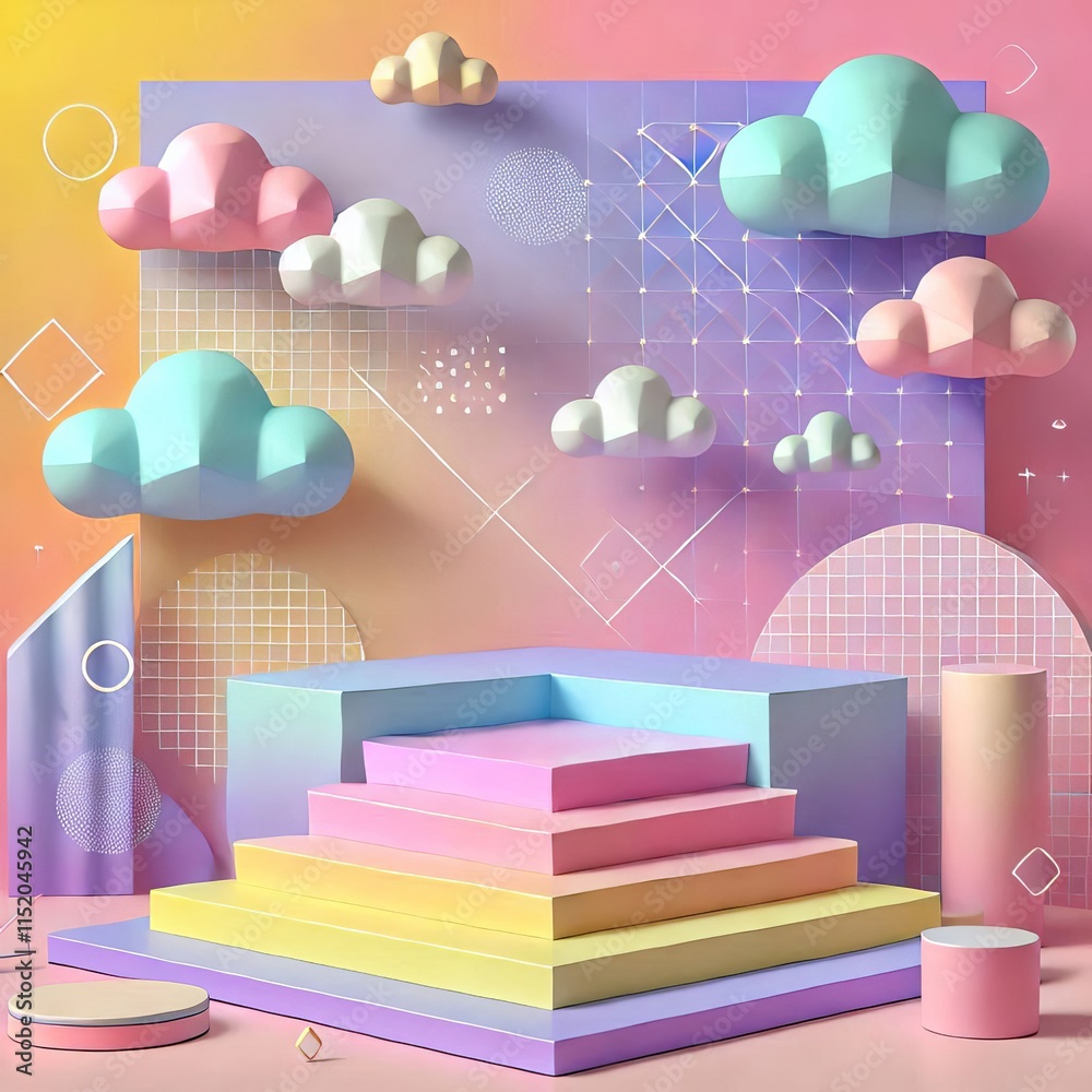 Fototapeta premium Vibrant geometric background with pastel clouds and steps. Modern event backdrop, abstract design, Dreamy pastel purple, pink, yellow Beauty cosmetic product placement pedestal promotion stand display