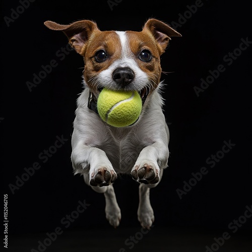 A joyful Jack Russell Terrier running energetically while carrying a tennis ball in its mouth. photo