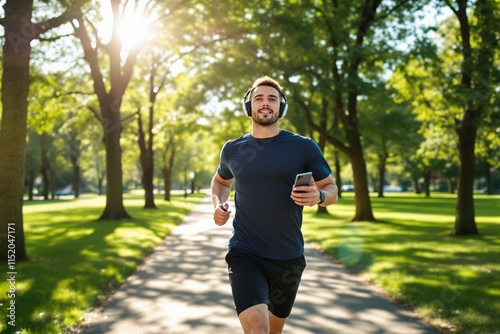 Fototapeta Naklejka Na Ścianę i Meble -  Man jogging in park with headphones and smartphone during sunny day, enjoying outdoor workout and greenery.