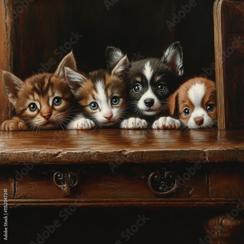 A kitten and a group of playful puppies peek out from behind a wooden table. photo