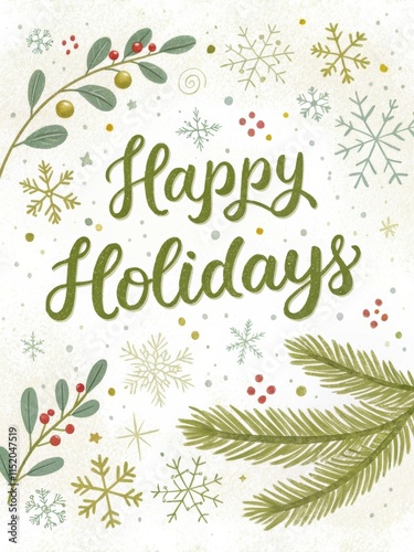Glittering Olive Green 'Happy Holidays' Text with Delicate Snow