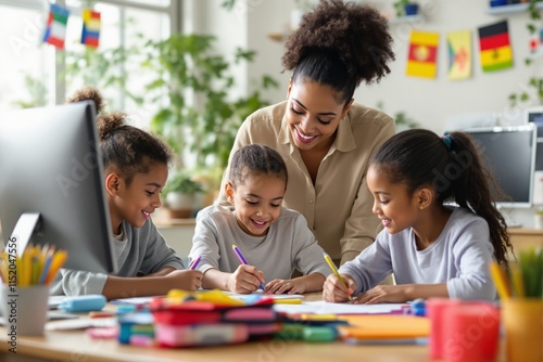 Teacher helping three children with schoolwork in a colorful classroom setting. photo