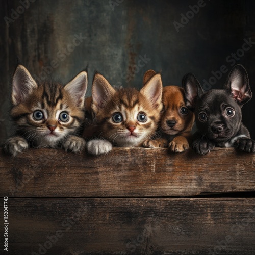 A kitten and a group of playful puppies peek out from behind a wooden table. photo