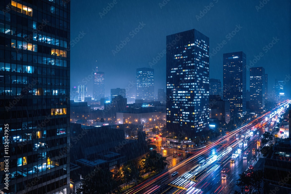 Night cityscape with illuminated skyscrapers and busy traffic in the rain. Night cityscape with illuminated skyscrapers and busy traffic in the rain.