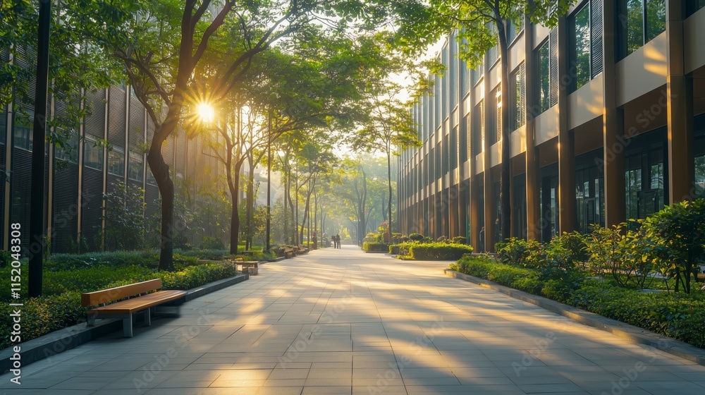 Serene Urban Pathway at Dawn with Sunlight and Shadows Serene Urban Pathway at Dawn with Sunlight and Shadows