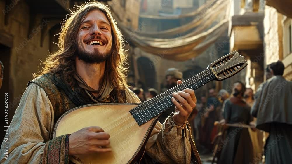 A joyful musician playing lute in a vibrant medieval street market.