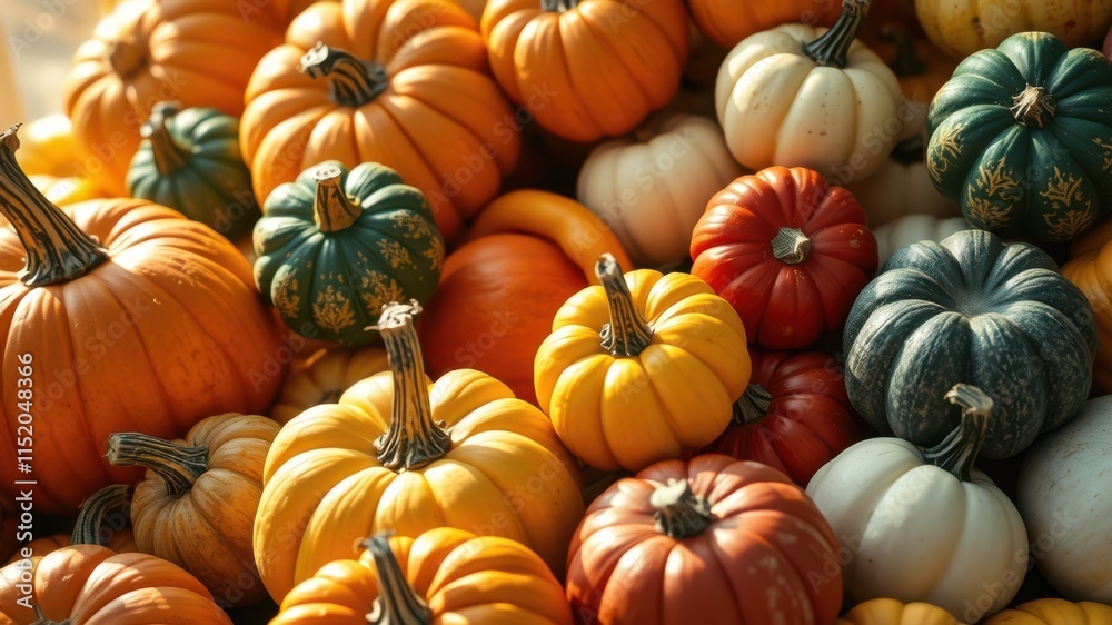 A vibrant display of autumnal gourds, featuring pumpkins of various shapes and sizes, showcasing a spectrum of orange, yellow, green, and white hues. A vibrant display of autumnal gourds, featuring pumpkins of various shapes and sizes, showcasing a spectrum of orange, yellow, green, and white hues.