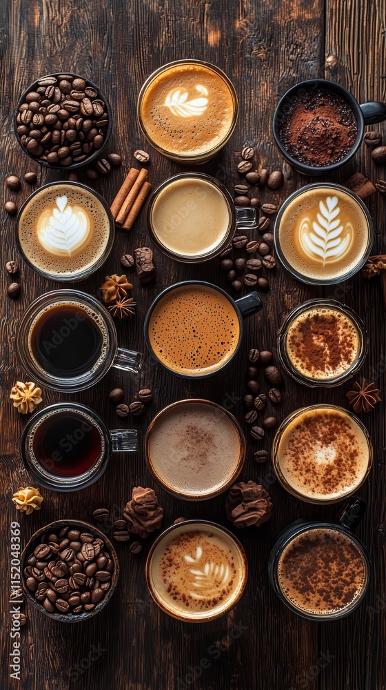 Assorted Coffee Beverages with Coffee Beans and Spices Assorted Coffee Beverages with Coffee Beans and Spices