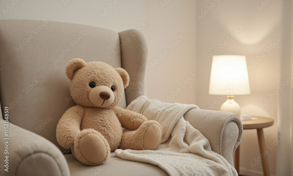 A soft, plush teddy bear with a well-loved appearance, sitting on a soft armchair with a pastel-colored blanket draped over A soft, plush teddy bear with a well-loved appearance, sitting on a soft armchair with a pastel-colored blanket draped over