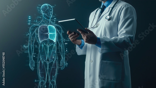 A doctor analyzing a whole-body X-ray hologram display. The concept of advanced medical diagnostics, futuristic healthcare technology, and precision in patient care. Generative AI.