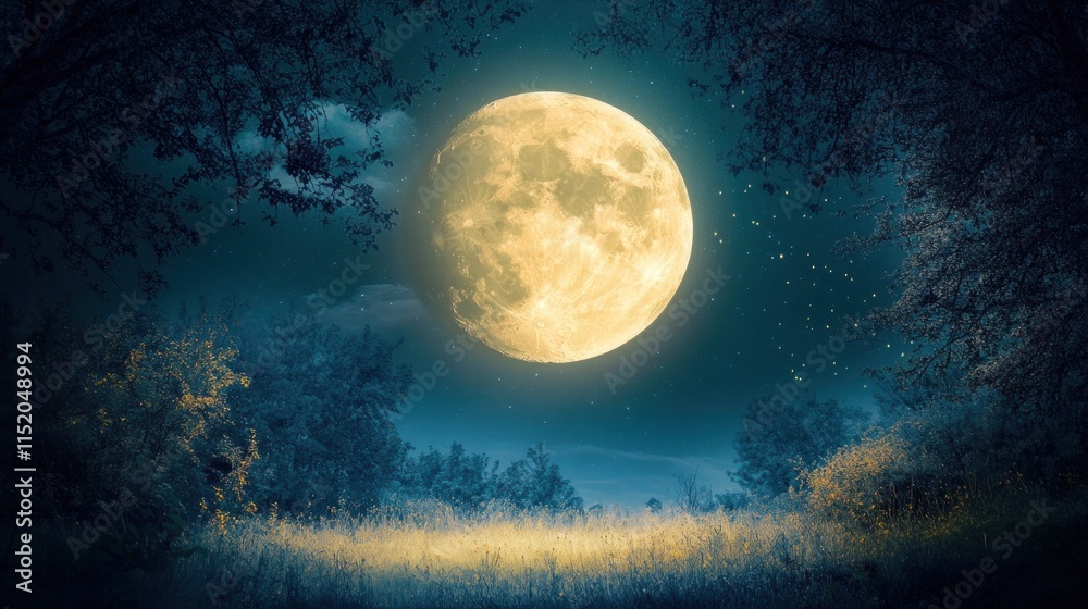 A serene night scene featuring a large, glowing moon surrounded by trees and soft grass. A serene night scene featuring a large, glowing moon surrounded by trees and soft grass.