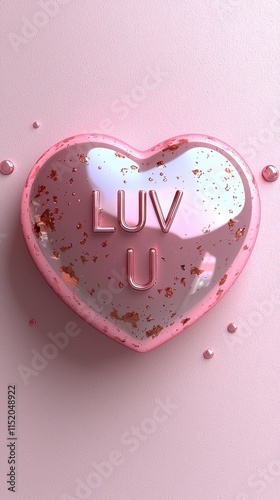 Elegant pink heart-shaped decorations with the inscription 'LUV U,' surrounded by glitter, blossoms, and textured elements, ideal for romantic and festive design projects