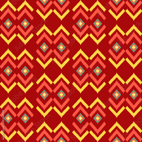 Vibrant Geometric Pattern with Repeating Diamond and Chevron Shapes in Warm Tones of Red, Orange, and Yellow, Creating a Symmetrical and Intricate Design Suitable for Textiles, Wallpapers, fabric