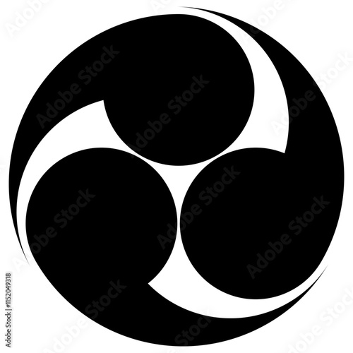 Black Hidari-mitsudomoe (left threefold tomoe). A Tomoe is a comma-like swirl symbol used in Japanese mon.