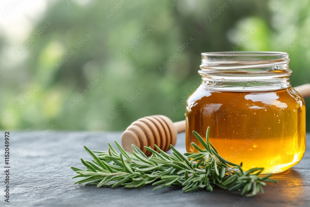 A jar of honey with a honey dipper and fresh rosemary sprigs. A jar of honey with a honey dipper and fresh rosemary sprigs.