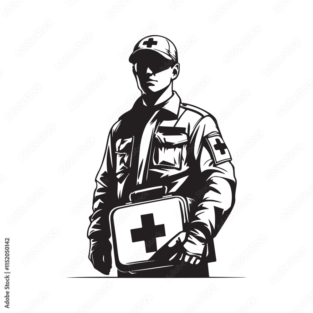Paramedic with a first aid kit silhouette vector art black color design and solid white background Paramedic with a first aid kit silhouette vector art black color design and solid white background