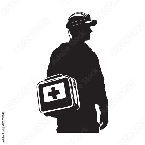 Paramedic with a first aid kit silhouette vector art black color design and solid white background