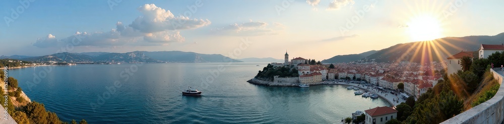 Fototapeta premium Krk town panorama, Adriatic Sea, promenade Stunning coastal view , summer, horizon