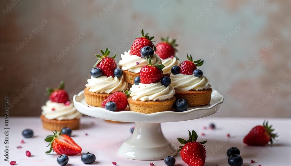 Delicious cupcakes decorated with strawberries and blueberries on a stand Delicious cupcakes decorated with strawberries and blueberries on a stand