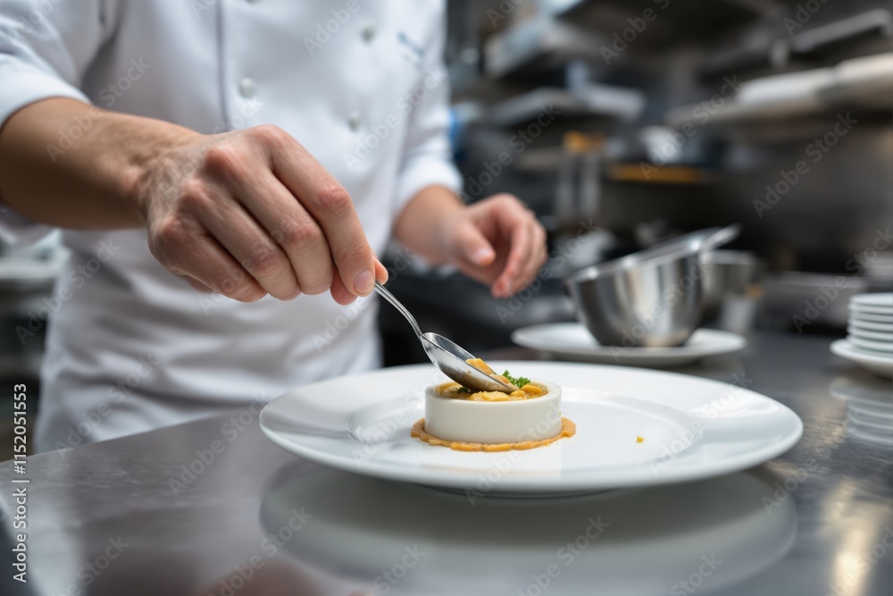 Chef garnishing a dish with precision in a professional kitchen background. Chef garnishing a dish with precision in a professional kitchen background.