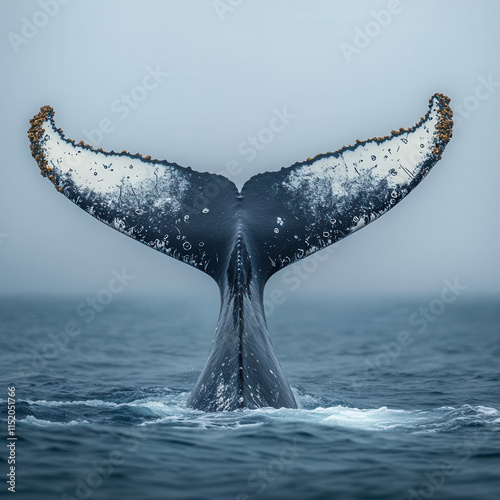 Majestic Humpback Whale Tail Fin Emerging from the Ocean Surface Under Soft Misty Light, Capturing the Beauty of Marine Life in Its Natural Habitat
