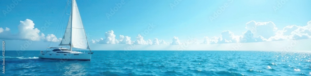 Obraz premium White sailboat glides on tranquil ocean under brilliant blue sky , journey, white
