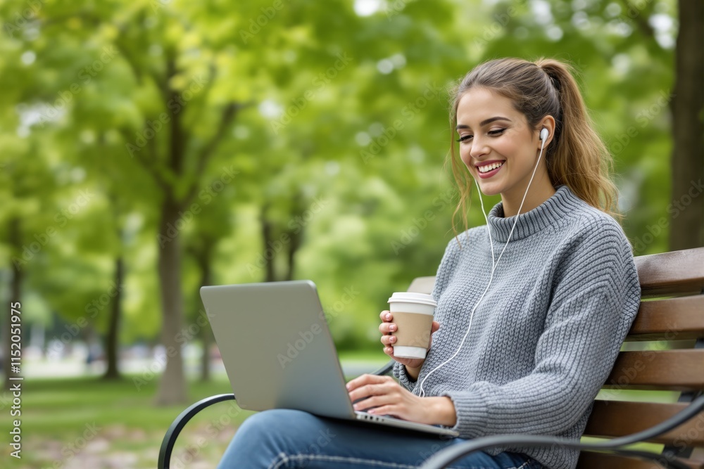 Woman working on a laptop outdoors, wearing earphones, holding a coffee cup, sitting on a park bench, surrounded by lush green trees. Woman working on a laptop outdoors, wearing earphones, holding a coffee cup, sitting on a park bench, surrounded by lush green trees.