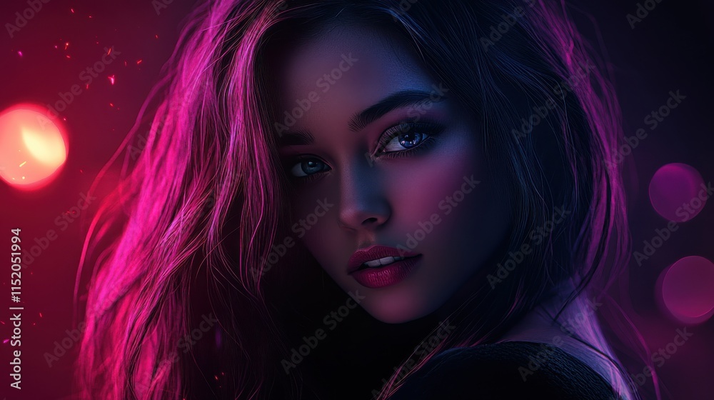 Fototapeta premium A woman with long dark hair and blue eyes is staring at the camera
