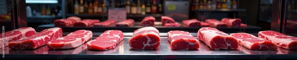 Sleek butcher shop, meat displayed in refrigerated counter Polished steel, bright lighting , butcher shop, display