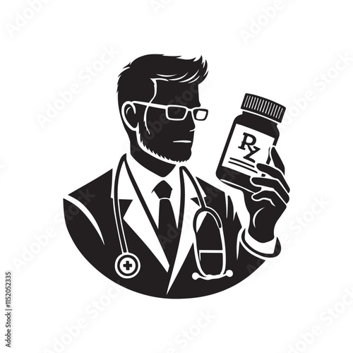 Pharmacist with a prescription bottle silhouette vector art black color design and solid white background