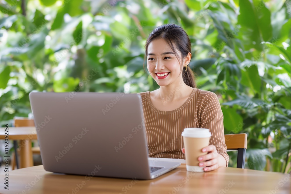Woman working on laptop while holding coffee cup in natural green background. Woman working on laptop while holding coffee cup in natural green background.