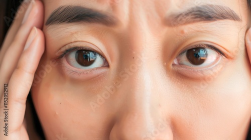 Asian woman highlights dark circles under her eyes indicating toll of sleep deprivation worry stress of restless nights anxiety etched her face undereye bags tired appearance showcasing mental fatigue photo