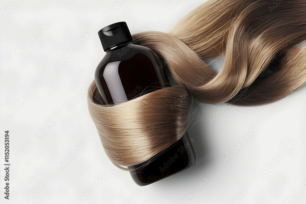 Naklejka premium Blonde hair strands wrap shampoo bottle, contrasting tones highlight elegance