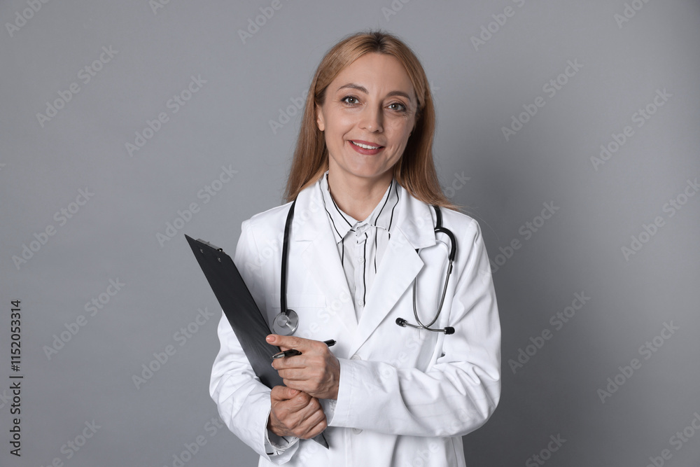 Doctor with stethoscope, clipboard and pen on gray background Doctor with stethoscope, clipboard and pen on gray background