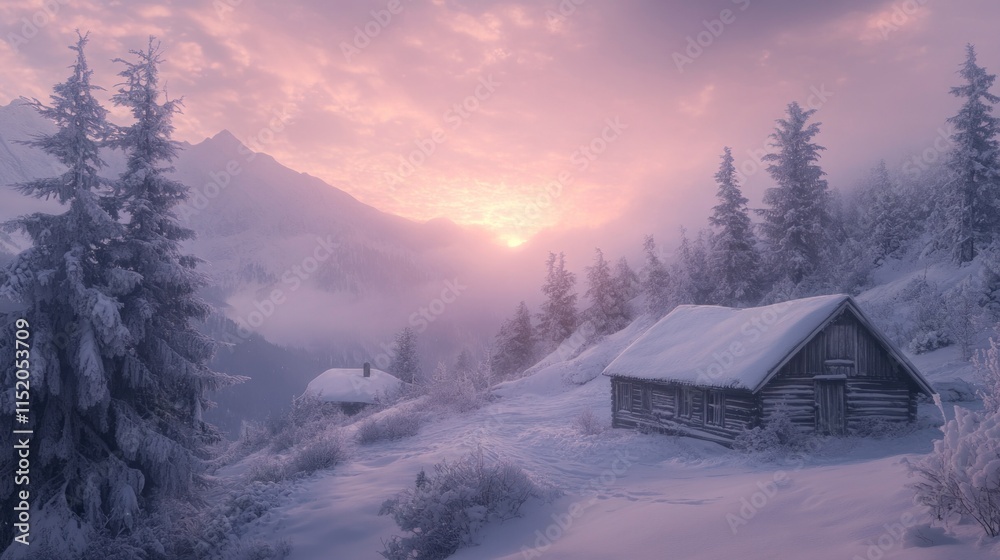 A serene winter landscape with a rustic cabin surrounded by snow-covered trees at sunset. A serene winter landscape with a rustic cabin surrounded by snow-covered trees at sunset.