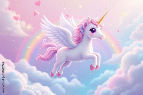 Flying unicorn with pink mane and golden horn surrounded by hearts, stars, rainbow, and fluffy clouds on a pastel background. photo