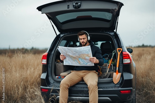 Man sitting in the back of a car reading a map in a rural area with tools and gear nearby.