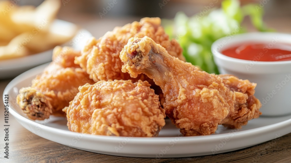 Crispy Chicken Drumsticks with Hot Sauce on White Plate Crispy Chicken Drumsticks with Hot Sauce on White Plate