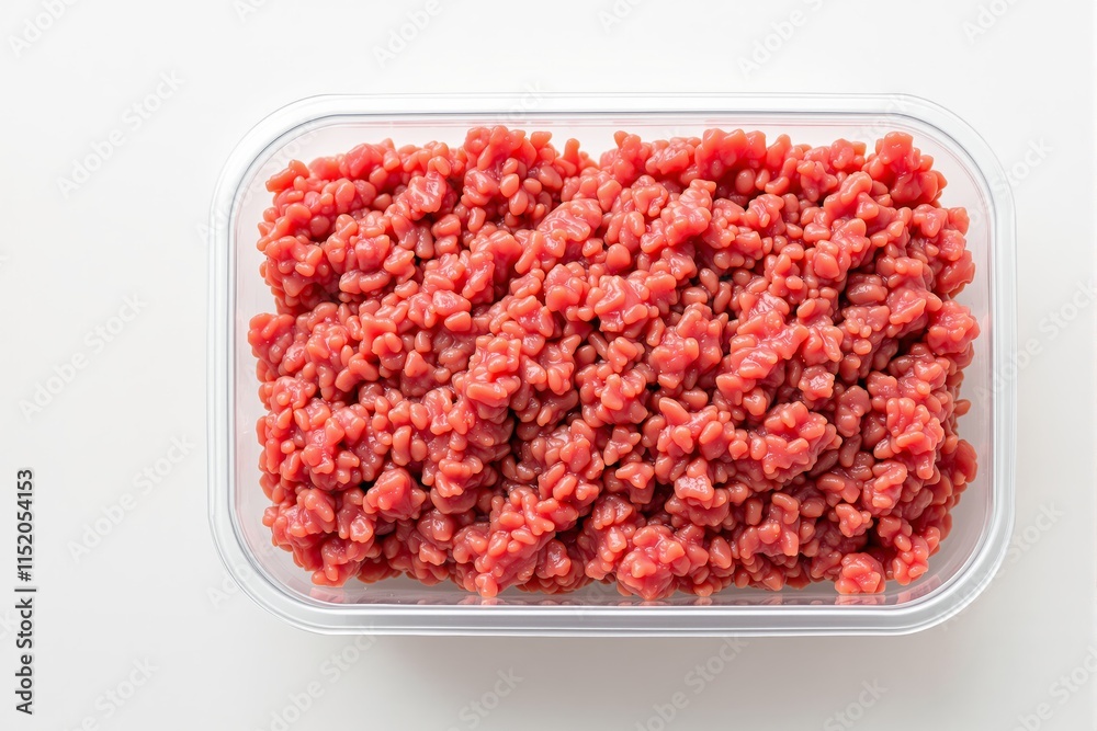 Freshly packed minced meat in a plastic container on a white background. Freshly packed minced meat in a plastic container on a white background.